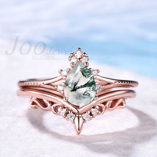 Vintage unique pear shaped moss agate engagement ring set split shank cluster milgrain moissanite ring 18k rose gold bridal wedding ring set