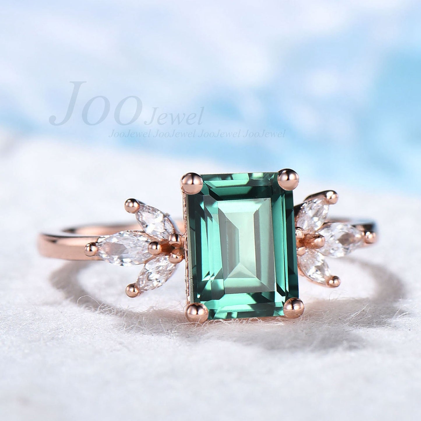 Lab Green Sapphire Ring 2ct Emerald Cut Green Blue Montana Teal Sapphire Engagement Ring Marquise CZ Diamond Ring Silver Cluster Bridal Ring