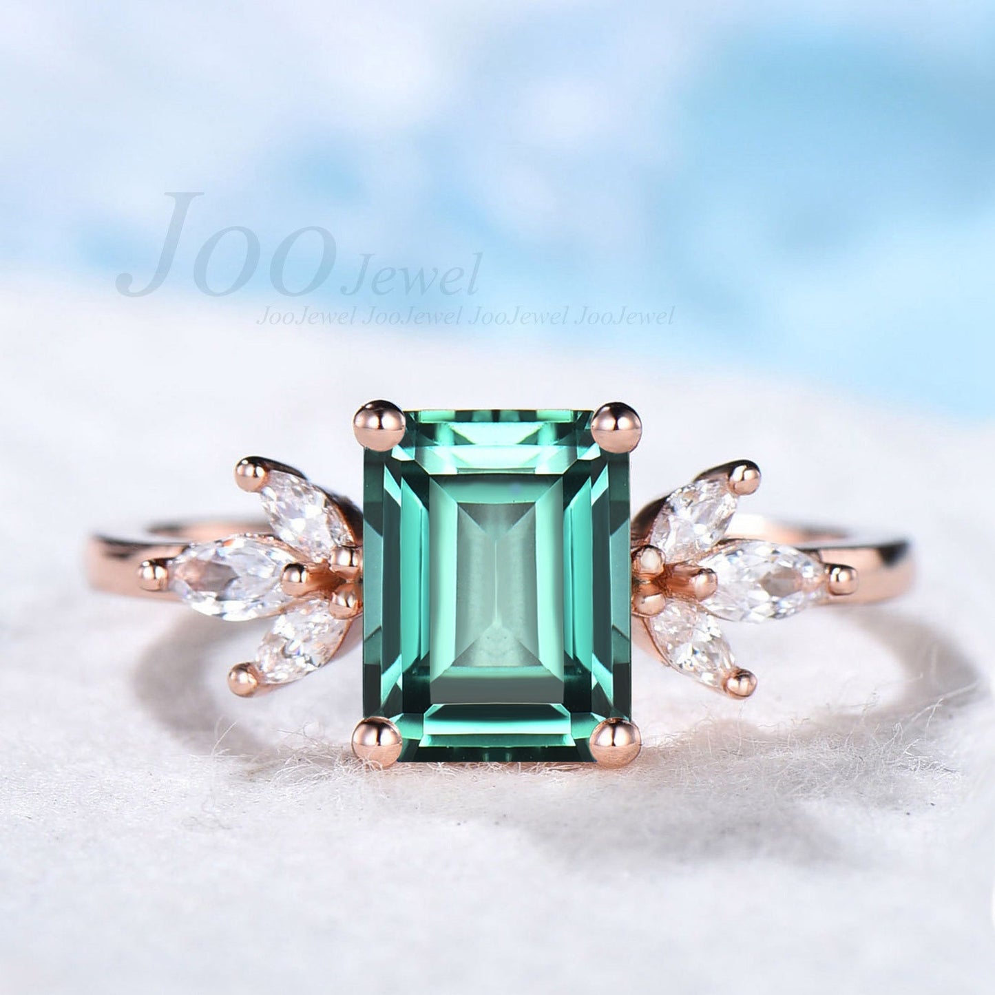 Lab Green Sapphire Ring 2ct Emerald Cut Green Blue Montana Teal Sapphire Engagement Ring Marquise CZ Diamond Ring Silver Cluster Bridal Ring