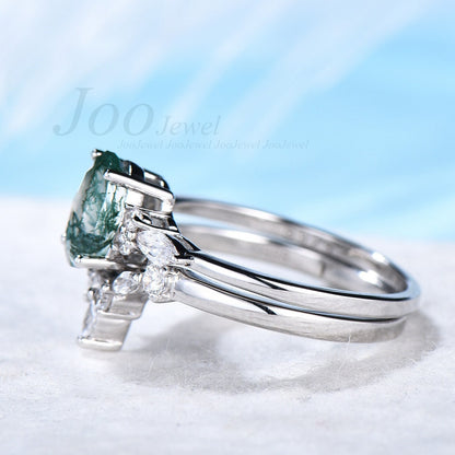 Sterling Silver Oval Real Moss Agate Ring Set Unique Green Moss Agate Engagement Rings Marquise Curve Wedding Band Natural Gems Gift for Her