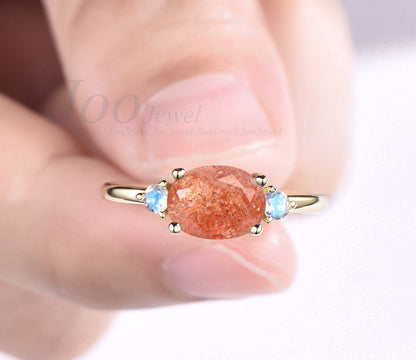 Oval Cut Natural Moonstone Sunstone Ring East West Ring Oval Orange Gemstone Ring Three Stone Engagement Ring Minimalist Ring Fine Jewelry