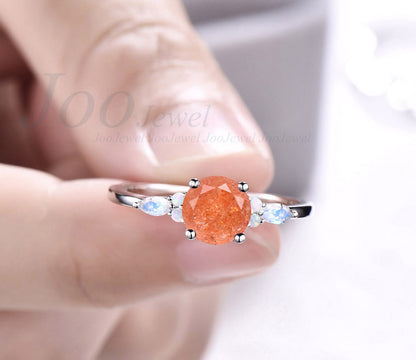 Natural Moonstone Sunstone Engagement Ring Vintage Three-Stone Wedding Ring Round Sunstone Ring Set Real Moonstone Opal Bridal Ring Women