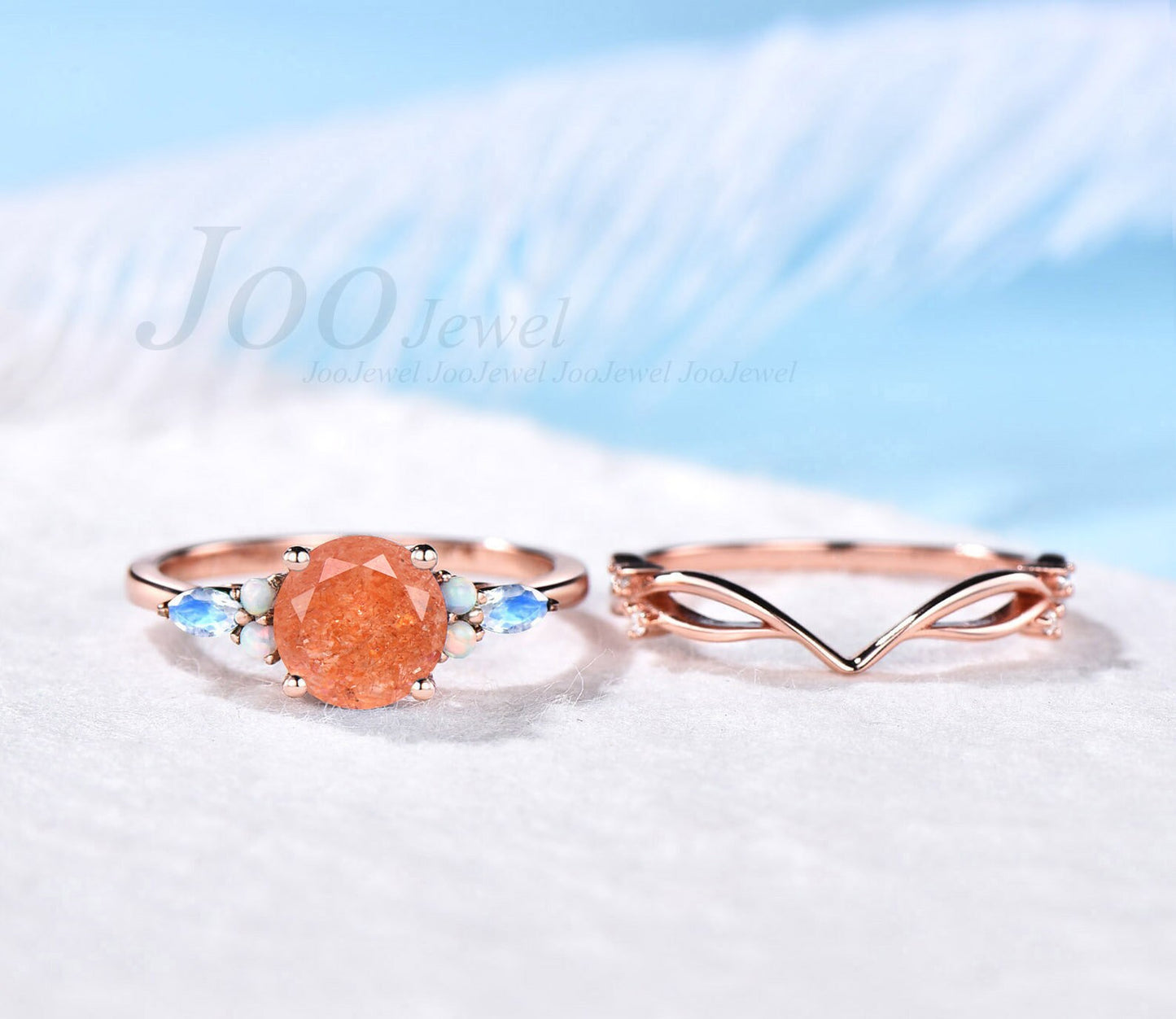 Natural Moonstone Sunstone Engagement Ring Vintage Three-Stone Wedding Ring Round Sunstone Ring Set Real Moonstone Opal Bridal Ring Women