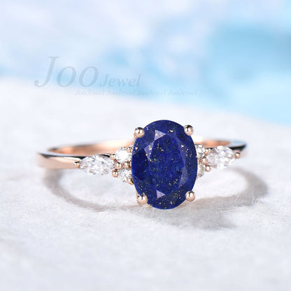 Oval Natural Lapis Lazuli Engagement Ring Women Sterling Silver Vintage Lapis Gold Wedding Ring Blue Gemstone Ring Antique Gift for Mom