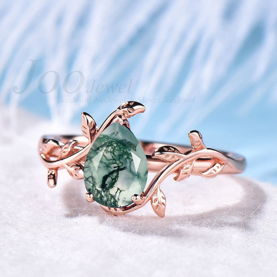 Pear Shape Natural Green Moss Agate Engagement Ring Leaf Ring with Gemstone Solitaire Ring Vintage Crystal Healing Ring Unique Promise Ring
