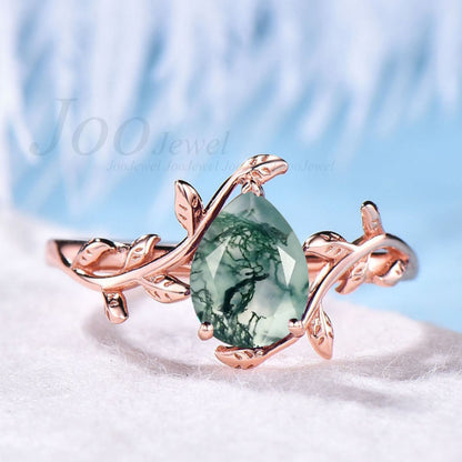 Pear Shape Natural Green Moss Agate Engagement Ring Leaf Ring with Gemstone Solitaire Ring Vintage Crystal Healing Ring Unique Promise Ring