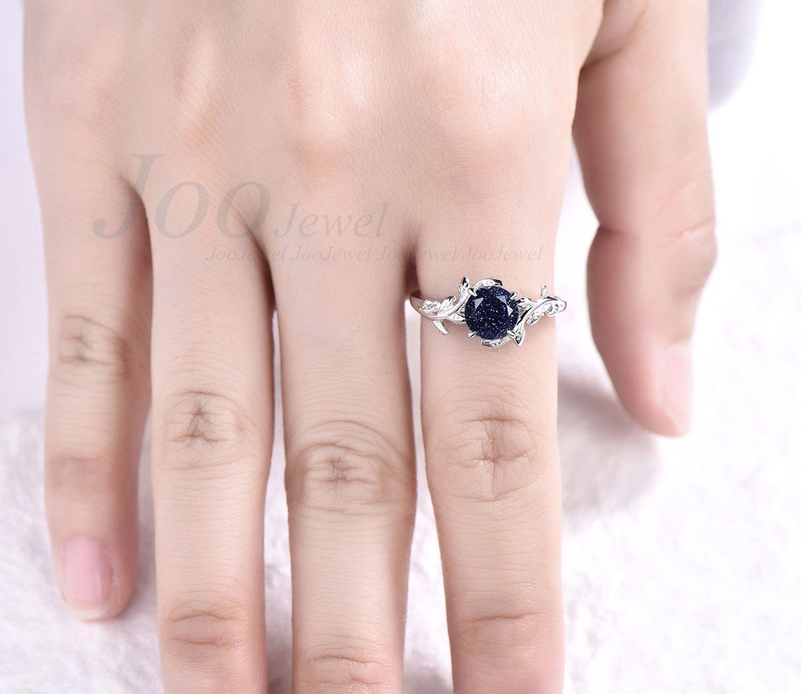 Sterling Silver Round Cut Blue Sandstone Engagement Ring Leaf Solitaire Ring Alternative Gemstone Ring Unique Anniversary Ring Wedding Gift