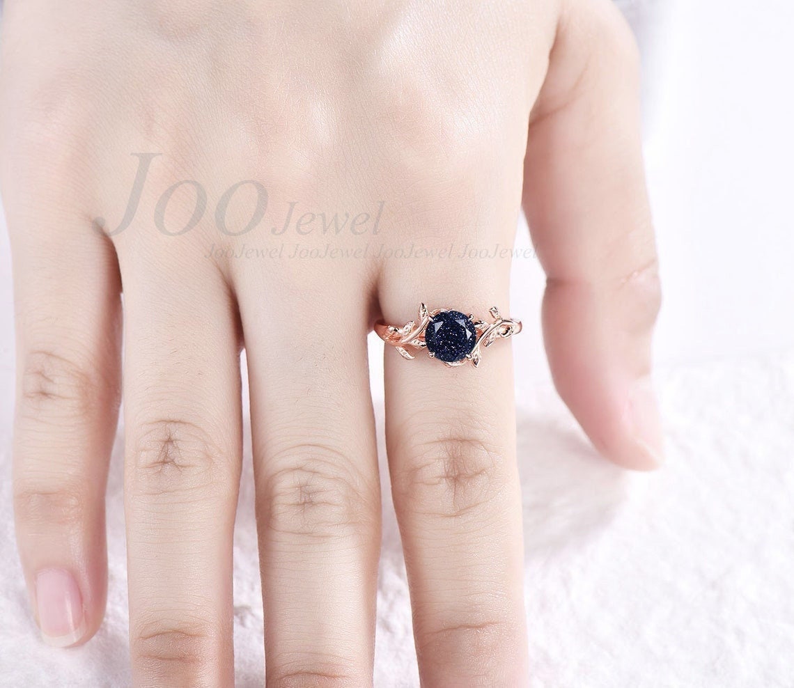 Sterling Silver Round Cut Blue Sandstone Engagement Ring Leaf Solitaire Ring Alternative Gemstone Ring Unique Anniversary Ring Wedding Gift