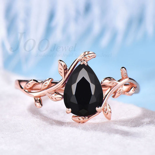 925 Sterling Silver Natural Pear Cut Black Onyx Engagement Ring Vintage Leaf Ring with Black Stone Birthday Gift Black Onyx Wedding Ring