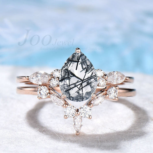 Natural Black Rutilated Quartz Ring Set Black Gemstone Ring Pear Shaped Quartz Engagement Ring Black Rutile Ring Lucky Stone Promise Ring