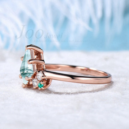 Kite Cut Natural Green Moss Agate Ring Vintage 14k Rose Gold Moss Agate Engagement Ring Unique Kite Cluster Emerald Wedding Ring For Women