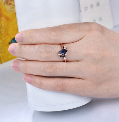 Kite Cut Blue Sandstone Ring with Black Onyx Cluster Engagement Ring 14K Rose Gold Blue Goldstone Ring Moissanites Wedding Ring Gift for Her