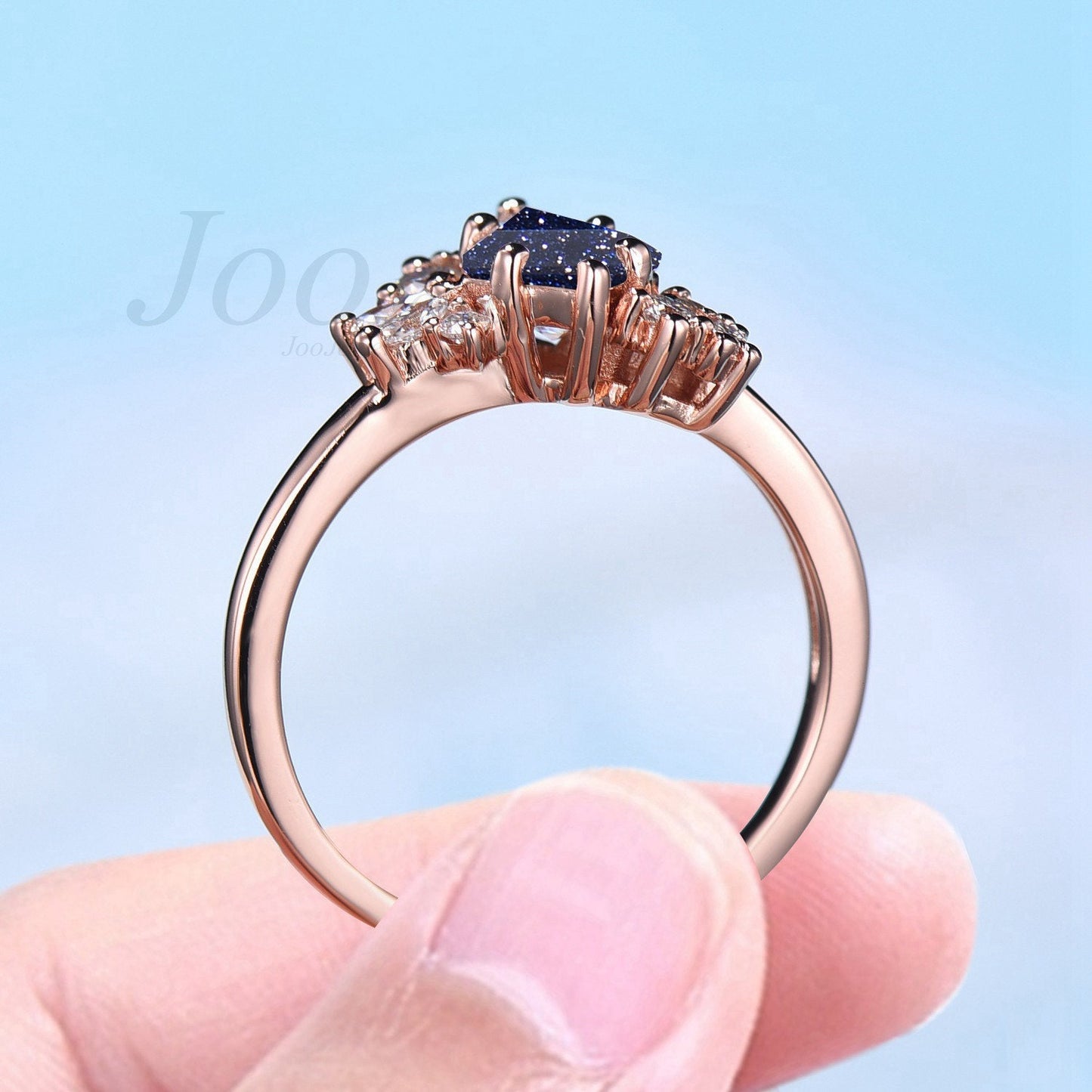 Sterling Silver/14k Rose Gold Kite Blue Sandstone Engagement Ring Blue Gemstone Ring Blue Goldstone Unique Cluster Moissanite Bridal Rings