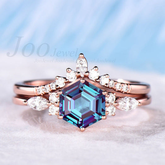 Hexagon Engagement Ring Set Color Change Alexandrite Ring Set Bridal Ring Personalized Birthday Anniversary Gift Women June Birthstone Ring