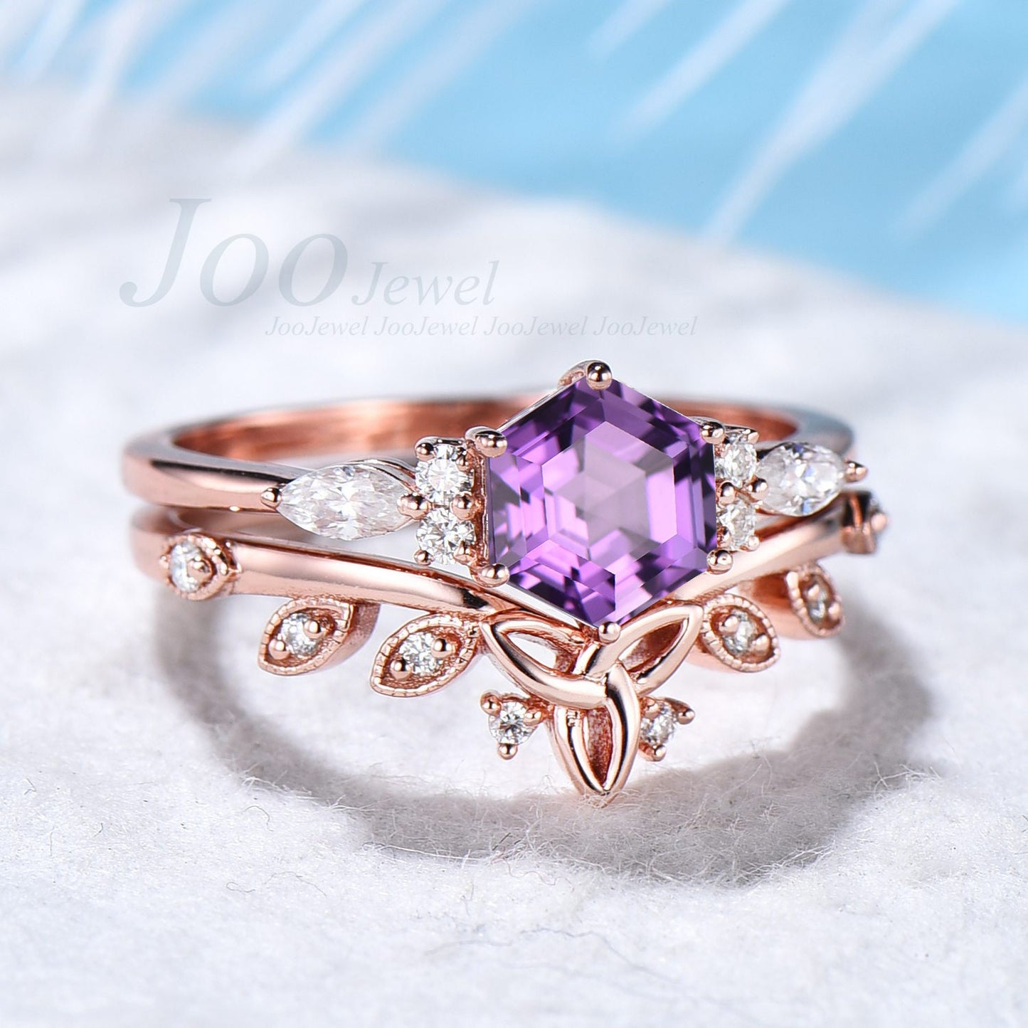 925 Sterling Silver Natural Amethyst Ring Set Hexagon Cut 1CT Purple Crystal Promise Ring Celtic Wedding Band Amethyst Bridal Ring for Women
