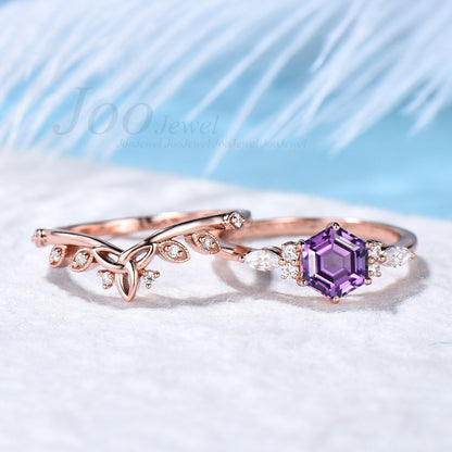 925 Sterling Silver Natural Amethyst Ring Set Hexagon Cut 1CT Purple Crystal Promise Ring Celtic Wedding Band Amethyst Bridal Ring for Women