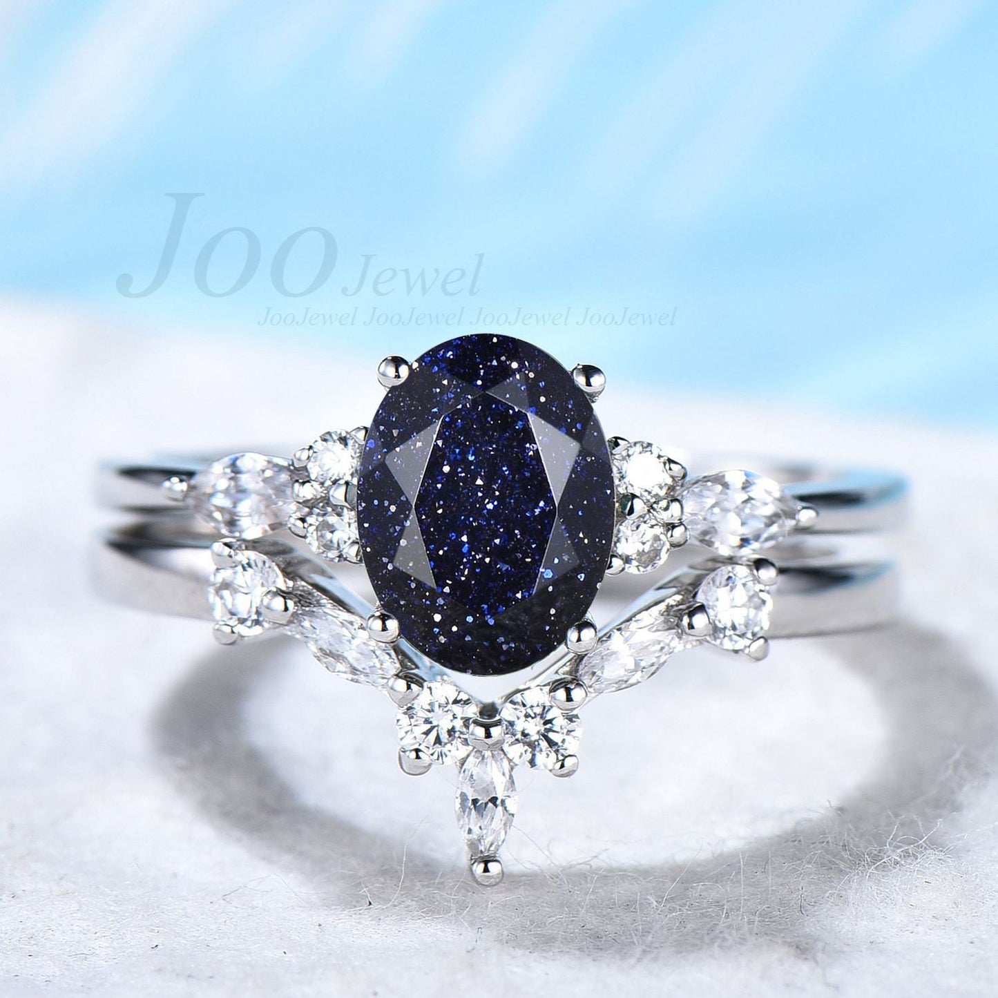 Sterling Silver 1.5ct Oval Blue Goldstone Ring Set Galaxy Ring Oval Gemstone Jewelry Blue Crystal Engagement Ring Personalized Gift for Her