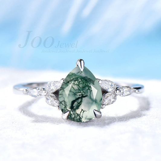 1.25ct Natural Moss Agate Ring Sterling Silver Pear Ring Cluster Engagement Rings Green Aquatic Agate Unique Teardrop Wedding Ring Woman