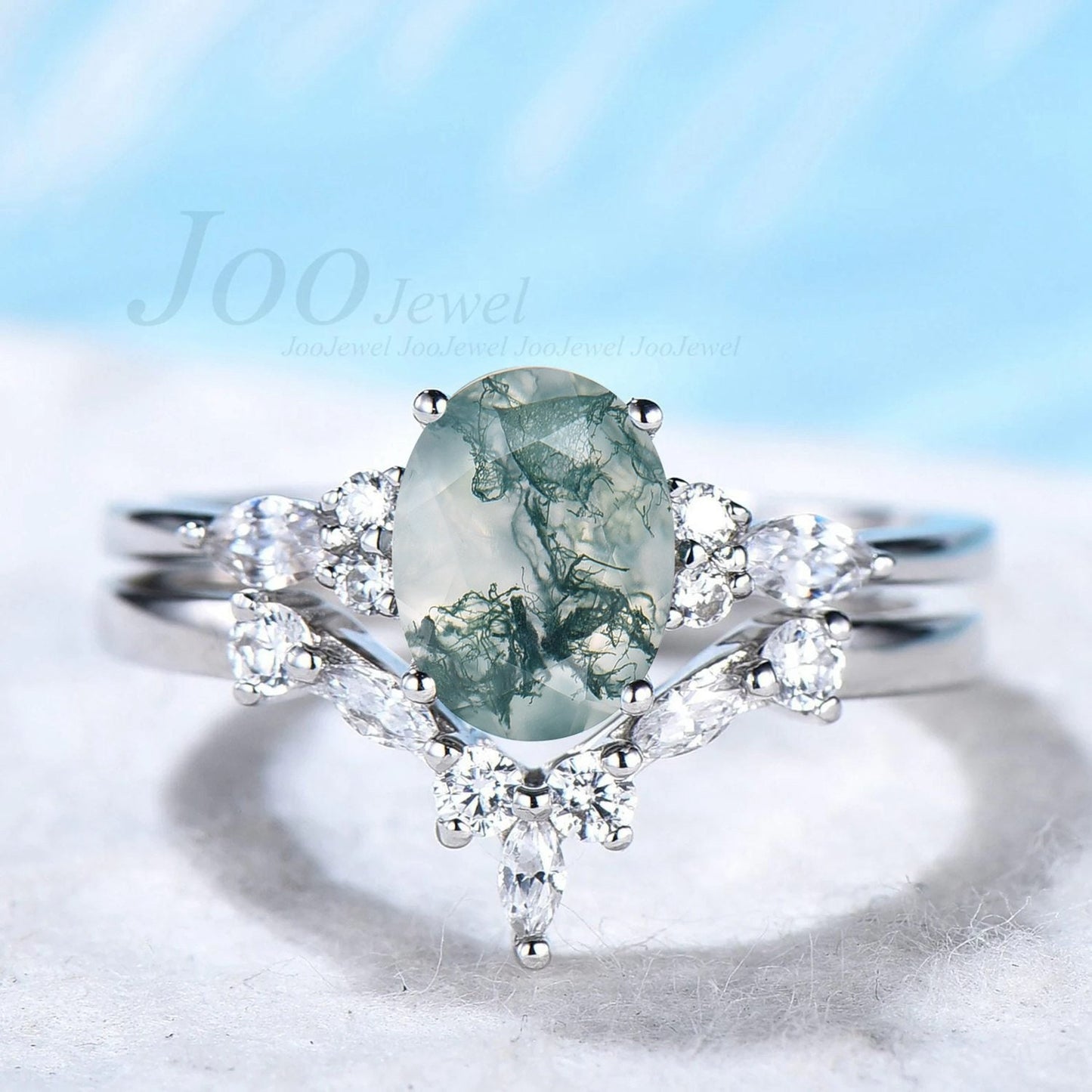 Sterling Silver Oval Real Moss Agate Ring Set Unique Green Moss Agate Engagement Rings Marquise Curve Wedding Band Natural Gems Gift for Her
