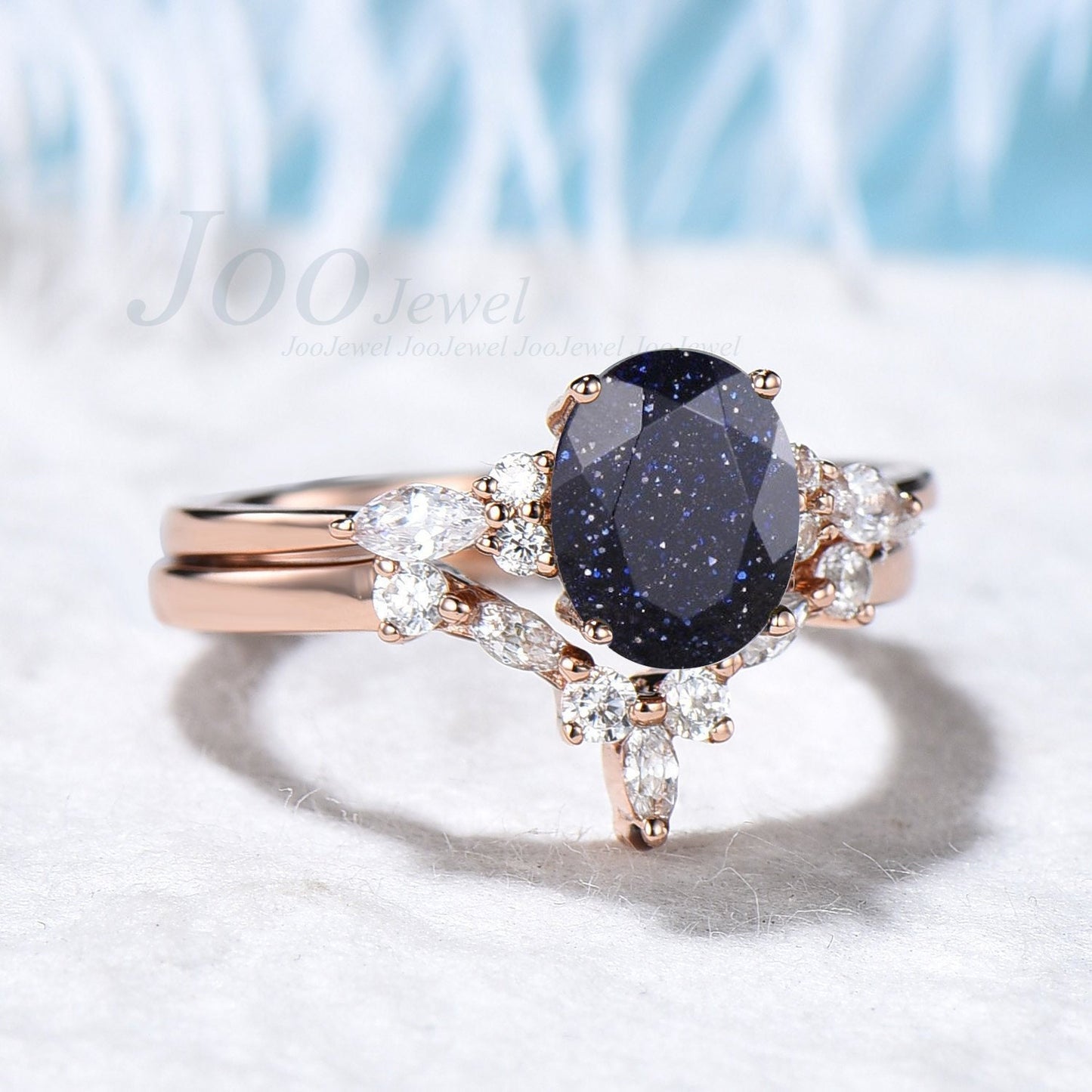 Sterling Silver 1.5ct Oval Blue Goldstone Ring Set Galaxy Ring Oval Gemstone Jewelry Blue Crystal Engagement Ring Personalized Gift for Her