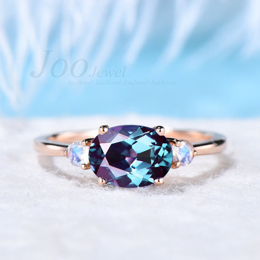 Oval Alexandrite engagement ring three stone vintage unique east to west engagement ring 14k gold silver moonstone wedding ring for women