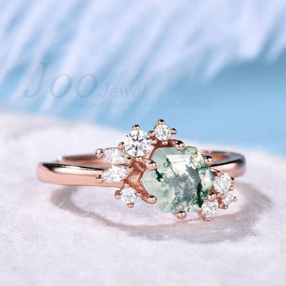 Natural Moss Agate Ring Vintage Green Moss Agate Engagement Rings Hexagon Cluster Engagement Ring Sterling Silver Wedding Gift For Women