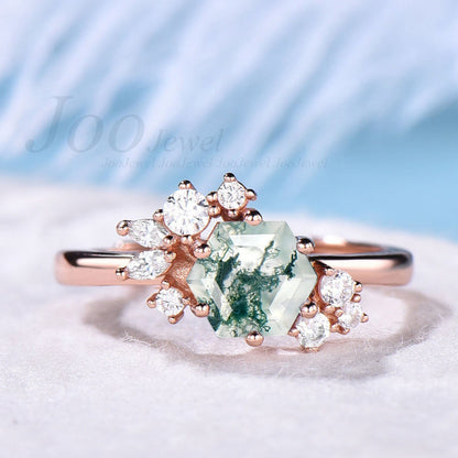 Natural Moss Agate Ring Vintage Green Moss Agate Engagement Rings Hexagon Cluster Engagement Ring Sterling Silver Wedding Gift For Women