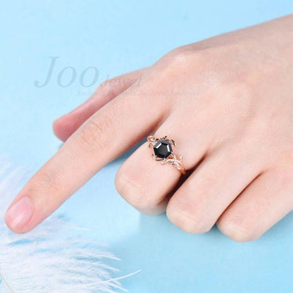 Hexagon Natural Black Onyx Ring Women Heal Crystal Ring Sterling Silver Black Crystal Gemstone Hexagon Engagement Ring Leaf Solitaire Ring
