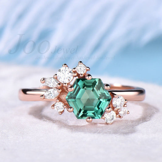 925 Sterling Silver Vintage Blue-Green Sapphire Engagement Ring Hexagon Cut Anniversary Rings Cluster Promise Ring Teal Sapphire Bridal Ring