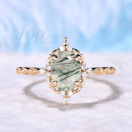Natural Green Rutile Quartz Ring Unique Oval Solitaire Ring Green Crystal Ring ¡°PROTECT YOU FOREVER¡± Engagements Ring Anniversary Gift Women