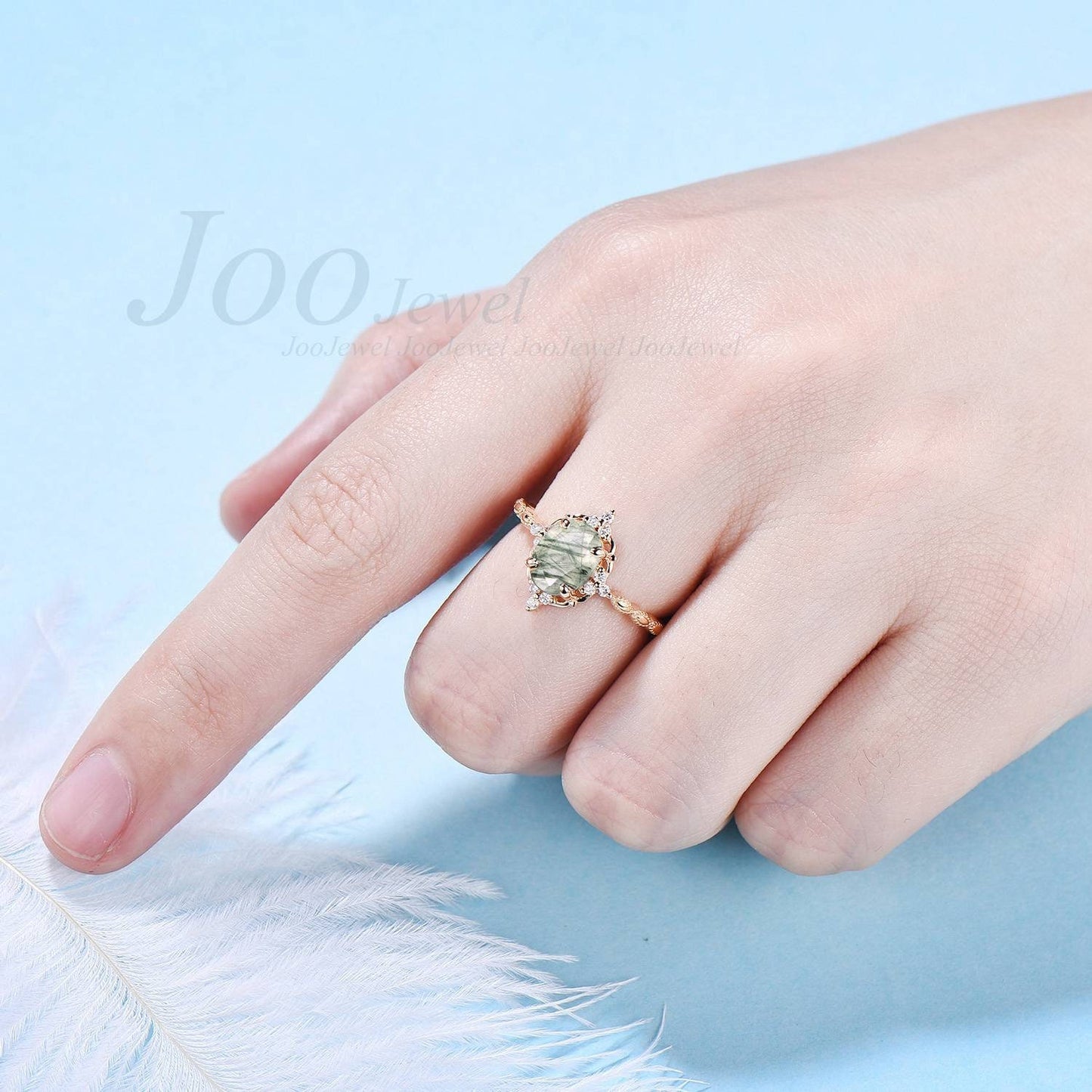 Natural Green Rutile Quartz Ring Unique Oval Solitaire Ring Green Crystal Ring ¡°PROTECT YOU FOREVER¡± Engagements Ring Anniversary Gift Women