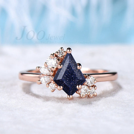 Sterling Silver/14k Rose Gold Kite Blue Sandstone Engagement Ring Blue Gemstone Ring Blue Goldstone Unique Cluster Moissanite Bridal Rings