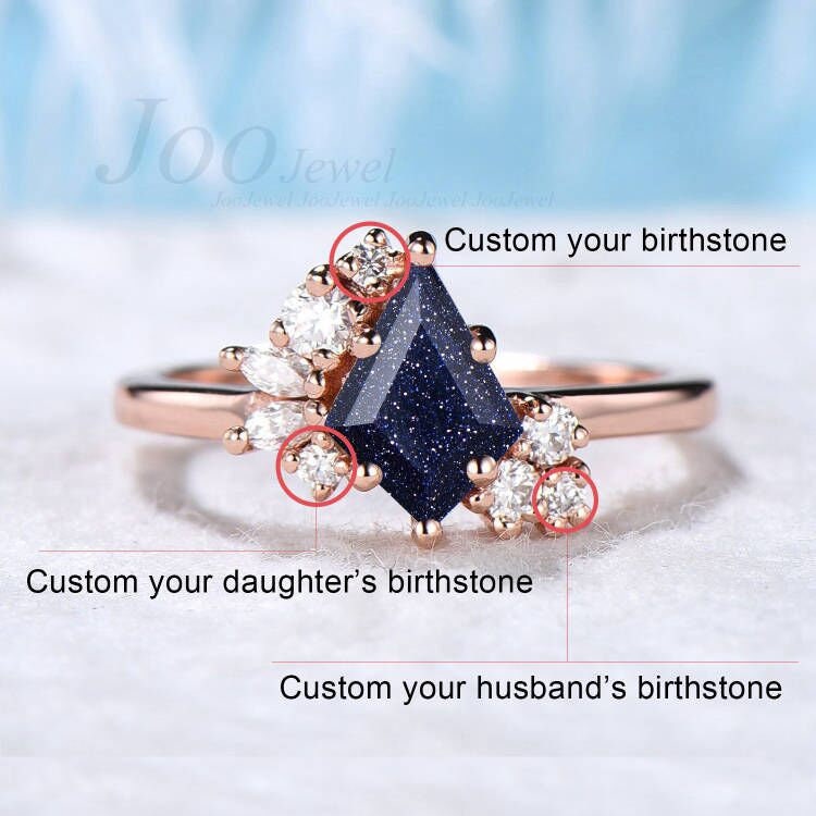 Sterling Silver/14k Rose Gold Kite Blue Sandstone Engagement Ring Blue Gemstone Ring Blue Goldstone Unique Cluster Moissanite Bridal Rings