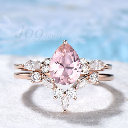 1.25ct Pear Shaped Morganite Engagement Ring Set Sterling Silver Pink Morganite Ring Marquise CZ Diamond Ring For Women Crystal Bridal Ring