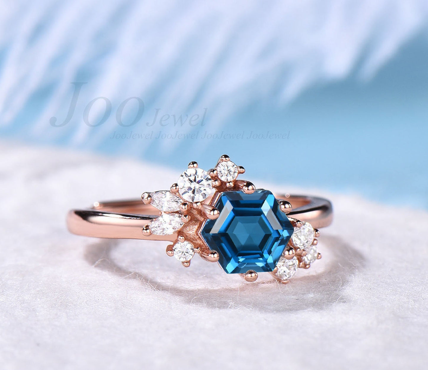 1ct Natural London Blue Topaz Ring Sterling Silver Ring Hexagon Gemstone Engagement Ring Crystal Healing Ring December Birthstone Gift Women