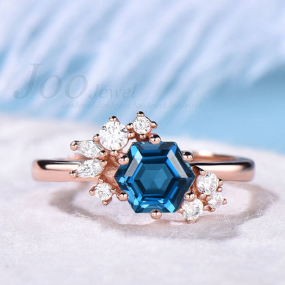 1ct Natural London Blue Topaz Ring Sterling Silver Ring Hexagon Gemstone Engagement Ring Crystal Healing Ring December Birthstone Gift Women