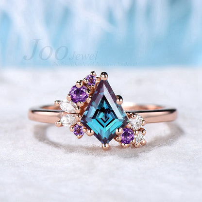 Kite Cut Color Changed Alexandrite Engagement Ring 14k Gold/Sterling Silver Cluster Rings Moissanite Amethyst Crystal Wedding Ring For Women