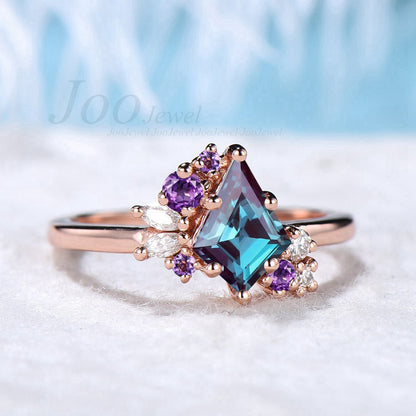 Kite Cut Color Changed Alexandrite Engagement Ring 14k Gold/Sterling Silver Cluster Rings Moissanite Amethyst Crystal Wedding Ring For Women