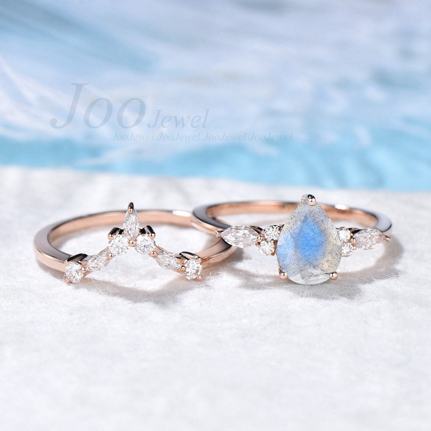 Natural Pear Labradorite Ring Sterling Silver Handmade Engagement Ring Set Labradorite Moonstone Ring Blue Gemstone Birthday Gift For Women
