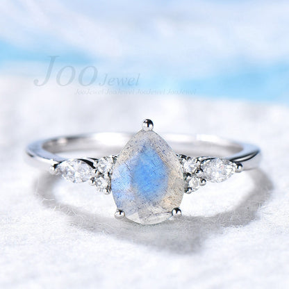 Natural Blue Labradorite Ring Sterling Silver Pear Wedding Ring Labradorite Engagement Ring Moonstone Gemstone Jewelry Custom Gift For Women