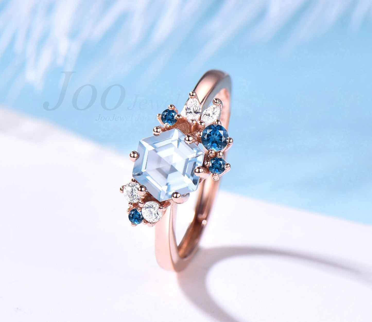 14k Solid Gold Hexagon Cut Aquamarine Ring For Women Hexagon Cluster Natural Blue Gemstone Ring With London Blue Topaz March Birthstone Ring