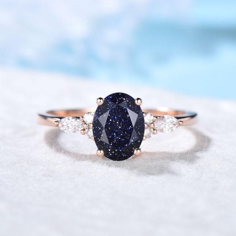 Sterling Silver 1.5ct Oval Blue Goldstone Ring Set Galaxy Ring Oval Gemstone Jewelry Blue Crystal Engagement Ring Personalized Gift for Her