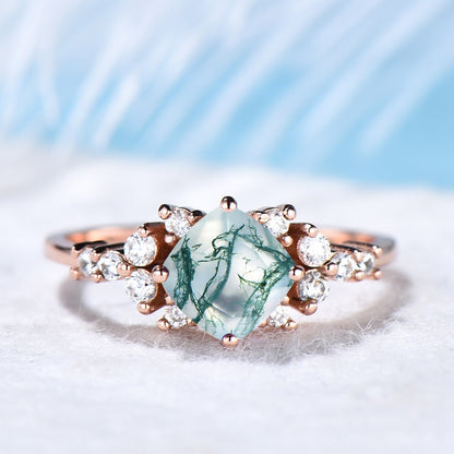Cushion Cut Natural Green Clear Moss Agate Ring 14K Gold Square Moss Agate Cluster Snowdrift Engagement Ring For Women Crystal Jewelry Gift