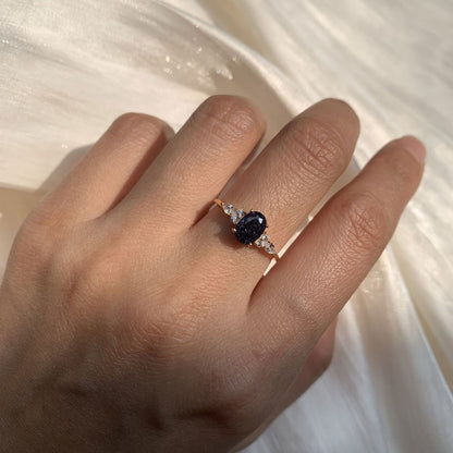 Sterling Silver 1.5ct Oval Blue Goldstone Ring Set Galaxy Ring Oval Gemstone Jewelry Blue Crystal Engagement Ring Personalized Gift for Her