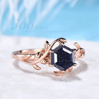 Galaxy Blue Sandstone Ring Sterling Silver Hexagon Engagement Ring Leaf Solitaire Promise Ring Blue Goldstone Jewelry Birthday Gift Women