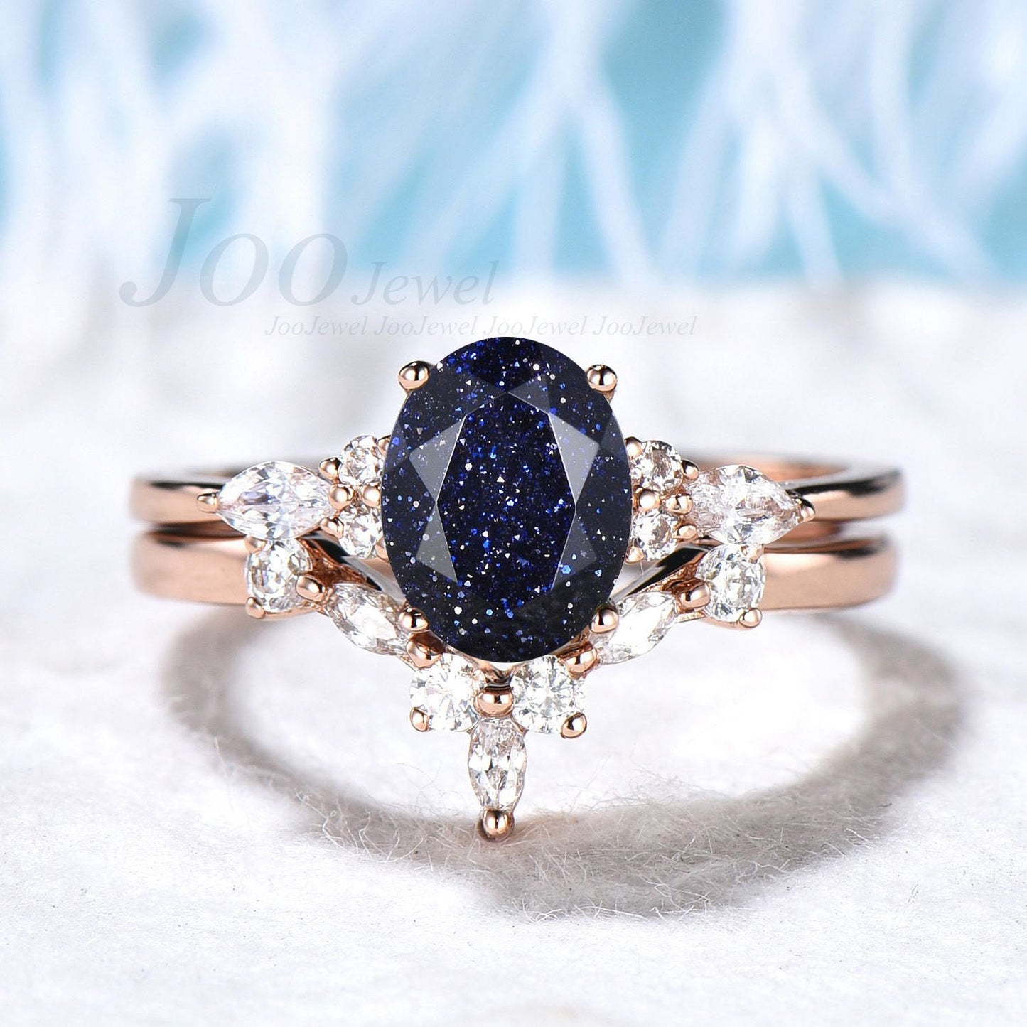 Sterling Silver 1.5ct Oval Blue Goldstone Ring Set Galaxy Ring Oval Gemstone Jewelry Blue Crystal Engagement Ring Personalized Gift for Her