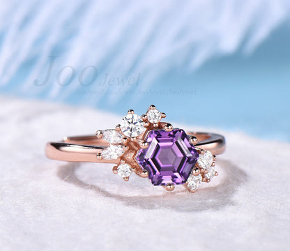 Natural Purple Crystal Amethyst Engagement Ring Women Sterling Silver Hexagon Cluster Ring February Birthstone Promise Ring Birthday Gift