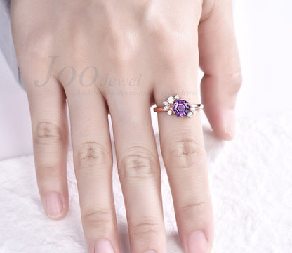 Natural Purple Crystal Amethyst Engagement Ring Women Sterling Silver Hexagon Cluster Ring February Birthstone Promise Ring Birthday Gift