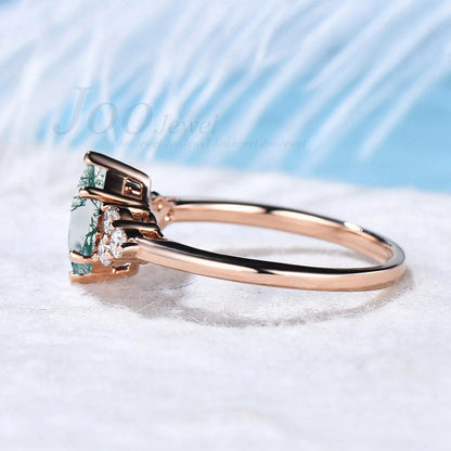 Princess Cut Natural Green Clear Moss Agate Ring 14K Gold Square Moss Agate 6 Prong Fixed Engagement Ring For Women Crystal Jewelry Gift