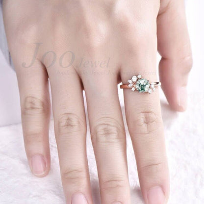 Natural Moss Agate Ring Vintage Green Moss Agate Engagement Rings Hexagon Cluster Engagement Ring Sterling Silver Wedding Gift For Women